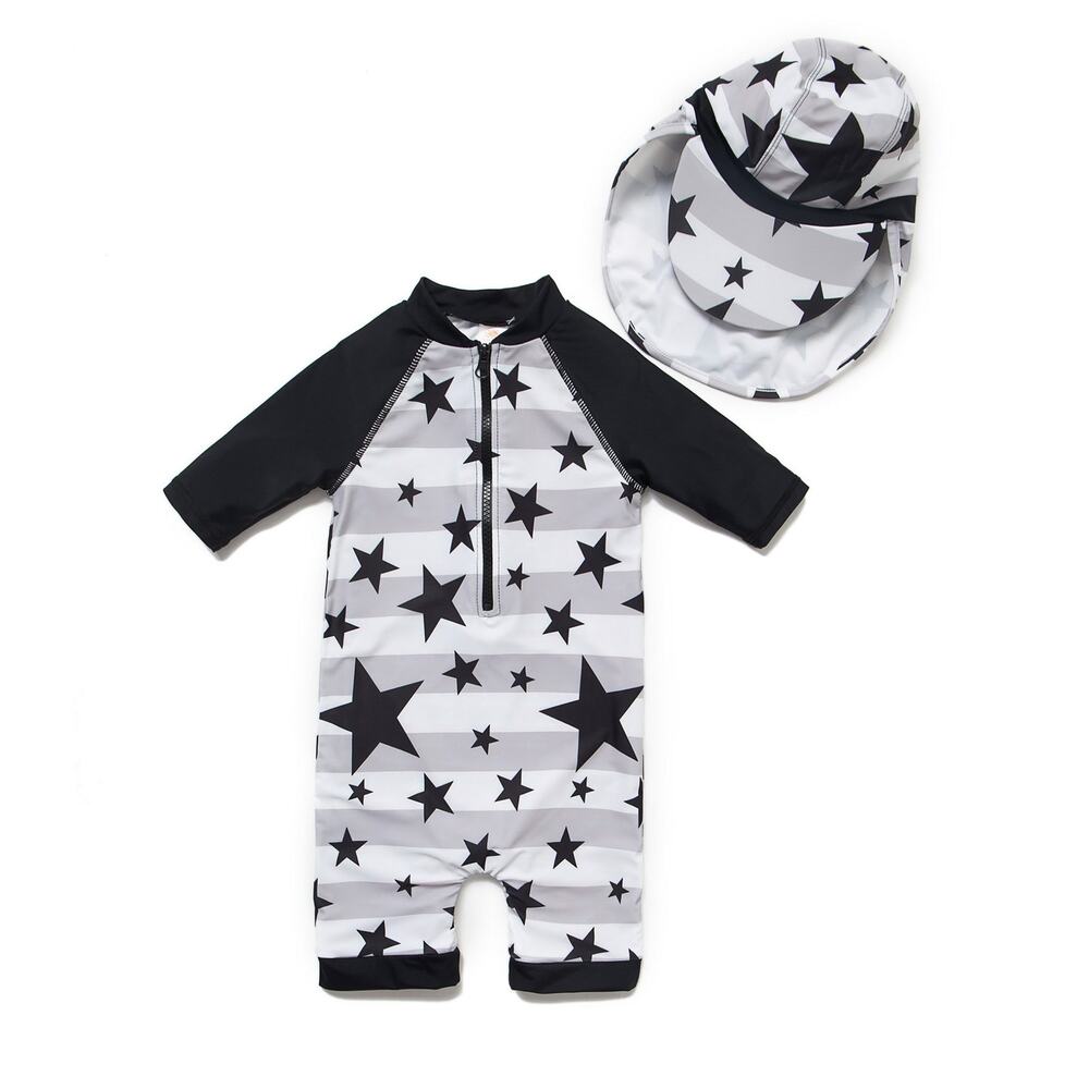 Unbranded Baby Boys Stars Stripe One-Piece Swim Bathing Suit & Hat